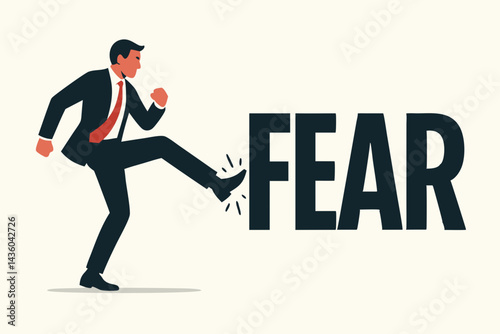 Determined businessman in a suit aggressively kicking the word FEAR, symbolizing conquering challenges, overcoming anxiety, achieving personal growth, and business success vector concept