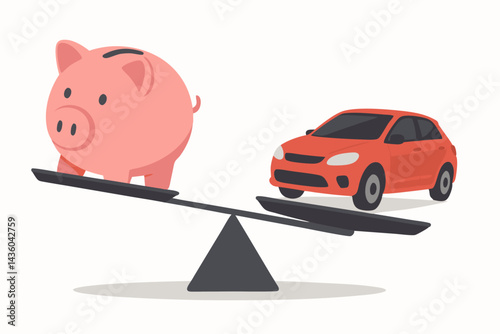 Prioritizing Savings Over Car Purchase: Vector illustration of a pink piggy bank heavier than a red car on a seesaw scale, representing financial decisions, budgeting, and value comparison.