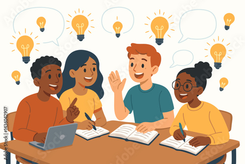 Happy diverse students brainstorming together at desk, teamwork concept for education, sharing creative ideas with lightbulbs, flat vector illustration.