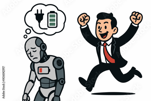 Vector Art: Low Battery Robot Yearning for Power Contrasted with Fully Charged Businessman Celebrating Success. Concept of Energy, Burnout, Motivation, and Recharging.