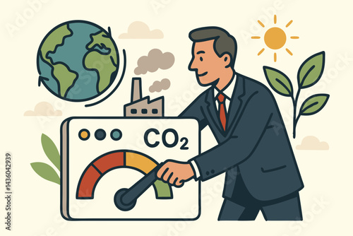 Climate control initiative concept with businessman adjusting CO2 emissions meter down, symbolizing corporate action towards sustainability, reducing carbon footprint, and green energy transition.