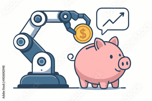 Automated financial technology concept featuring robot arm putting dollar coin into piggy bank, showing savings growth chart symbolising AI investment innovation vector.
