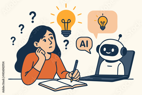 Confused woman gets bright idea from AI chatbot on laptop. Vector graphic illustrating artificial intelligence helping with creativity, learning, homework, and inspiration.