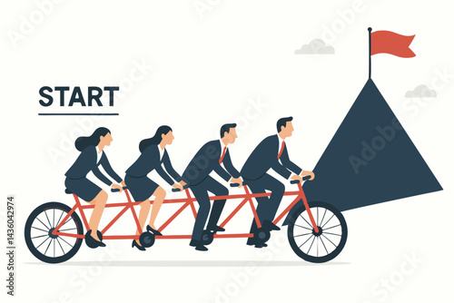 Diverse Business Team Riding Tandem Bicycle Towards Mountain Goal Flag - Illustrating Teamwork, Collaboration, Strategy, Challenge, and Achieving Success Together