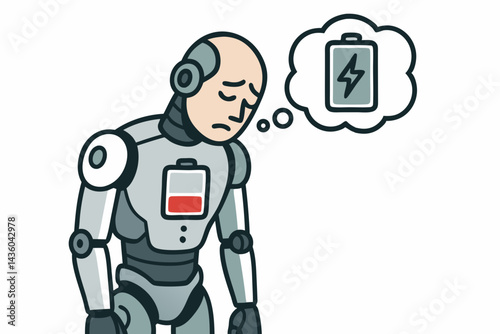 Tired cartoon robot with low battery indicator feeling exhausted and dreaming of recharging its power. Simple vector illustration depicting burnout or low energy concept.