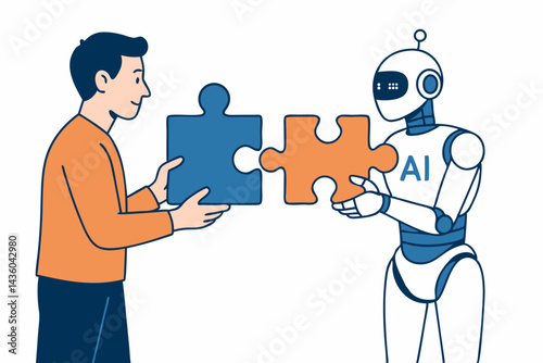 Flat vector design of a person and an AI robot joining jigsaw puzzle pieces, representing human-machine teamwork, technological advancement, shared solutions, and future collaboration.
