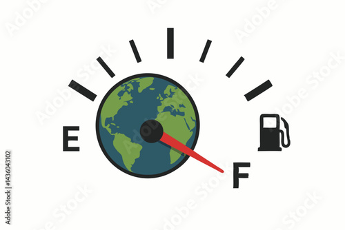 Earth's energy running low conceptual vector illustration. Fuel gauge with planet Earth dial nearing empty, illustrating resource depletion, fossil fuel scarcity, and environmental crisis awareness.