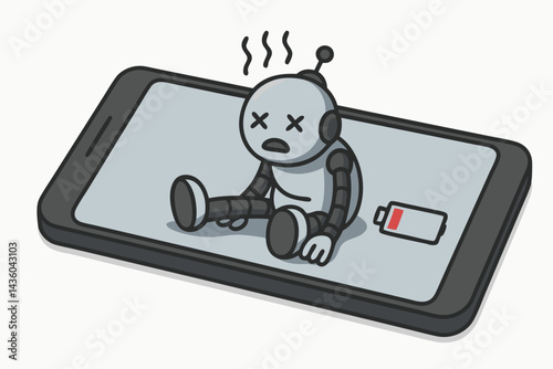 Vector illustration of a burnout robot slumped on a smartphone with a depleted battery icon, representing exhaustion, low power, technology fatigue, and needing energy.