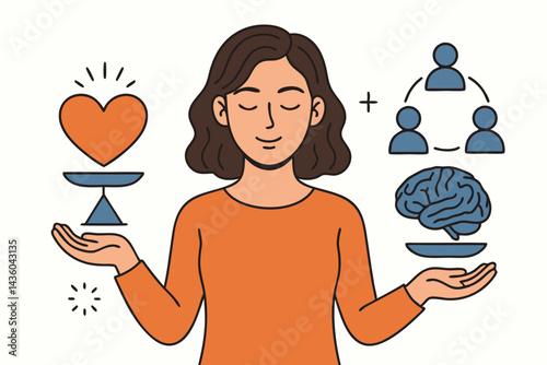 Finding emotional balance: Flat vector illustration of a person harmonizing heart, brain, and social intelligence for wellbeing, empathy, and mindful self-awareness concept.