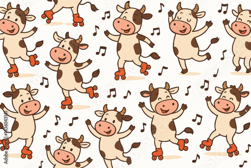 Cute Dancing Cows on Roller Skates Seamless Pattern. Happy Cartoon Farm Animals Grooving to Music Notes Background Vector Illustration for Kids Textiles and Party Decor.