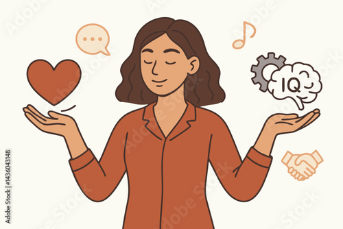 Vector illustration of a calm woman balancing emotional intelligence (EQ) with intellect (IQ), representing mental health, empathy, self-awareness, psychology, and holistic well-being concept.