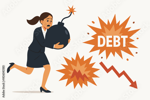 Businesswoman running in panic, carrying a large debt bomb representing financial crisis and risk. Trying to escape the explosion of impending economic problems and burden. Vector.