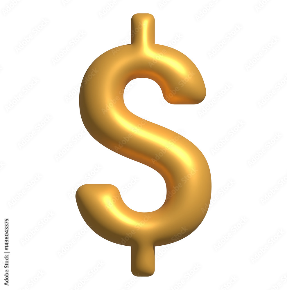 3D Golden Dollar Symbol Isolated on White Background.