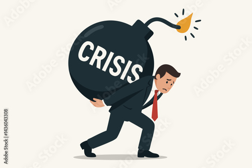 Burdened Businessman Carrying Crisis Bomb - Economic Recession, Financial Stress, Debt Overload, Market Downturn, and Global Instability Concept Vector Illustration