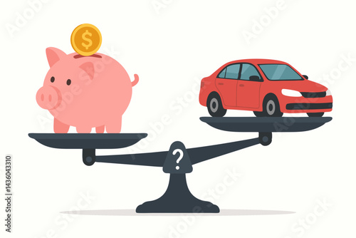 Financial decision concept illustration showing a scale weighing a pink piggy bank with savings against a new red car, representing the choice between saving money and vehicle purchase.