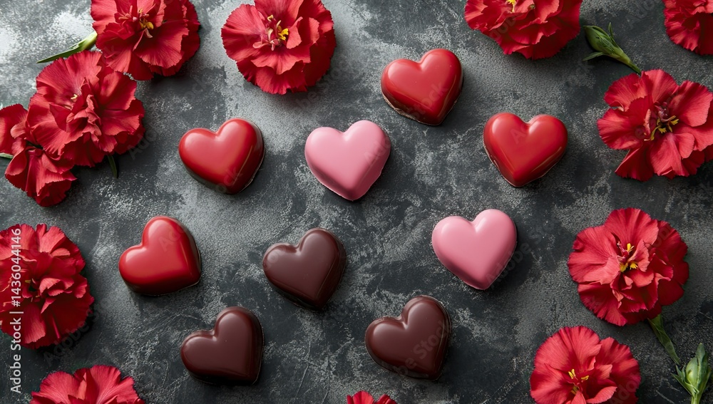 Obraz premium Beautiful arrangement of heart-shaped treats surrounded by vibrant red flowers for a romantic occasion
