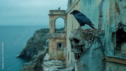 Raven Perched on Broken Gargoyle Gothic Ruins High Fidelity Sunset Atmospheric Scene