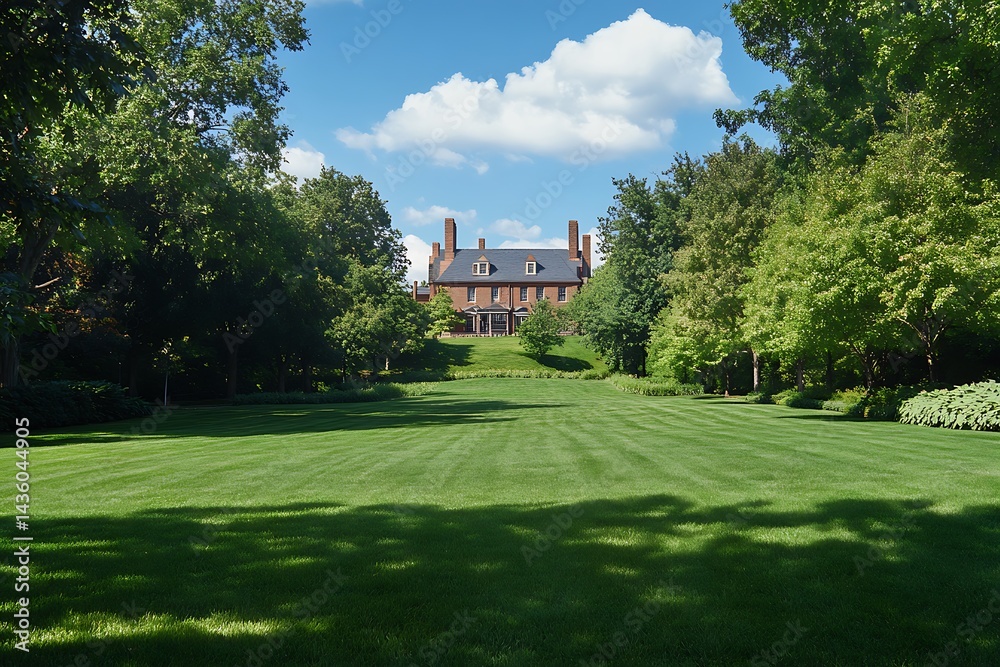 Obraz premium Lush Green Lawn Leading to Brick House Under a Blue Sky with White Clouds