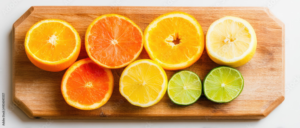 Obraz premium Citrus fruits orange lemon lime grapefruit fresh food healthy eating vitamin c vibrant color wooden board