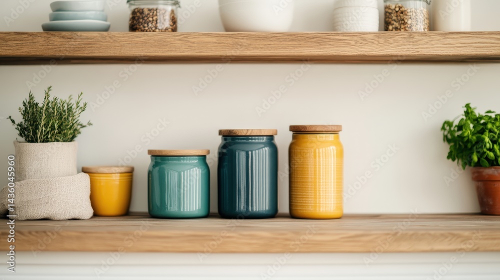 Bright Sunlit Kitchen Displaying Stylish Reusable Containers on Wooden Shelves with Greenery and Warm Accents for a Modern Home Aesthetic Bright Sunlit Kitchen Displaying Stylish Reusable Containers on Wooden Shelves with Greenery and Warm Accents for a Modern Home Aesthetic