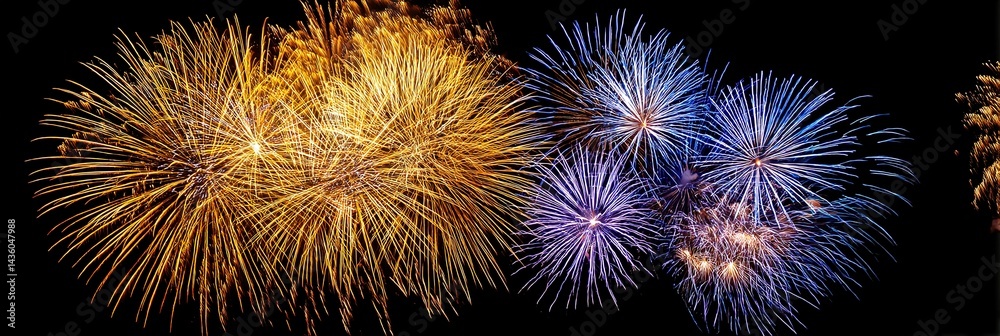 Fototapeta premium Golden-yellow fireworks burst on the left side of the night sky, cascading like a luminous waterfall, with smaller blue and purple fireworks sparkling in the background,