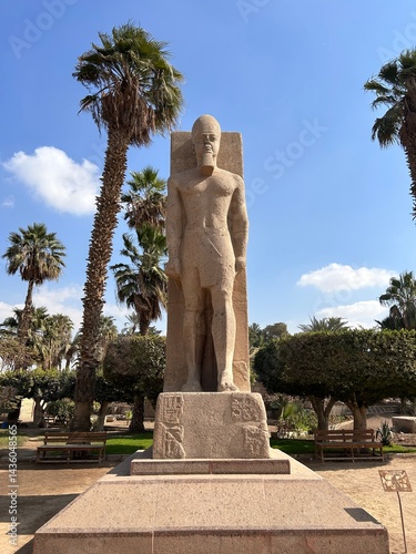 Ramses II statue under the blue sky and palms of Mit Rahina in Egypt