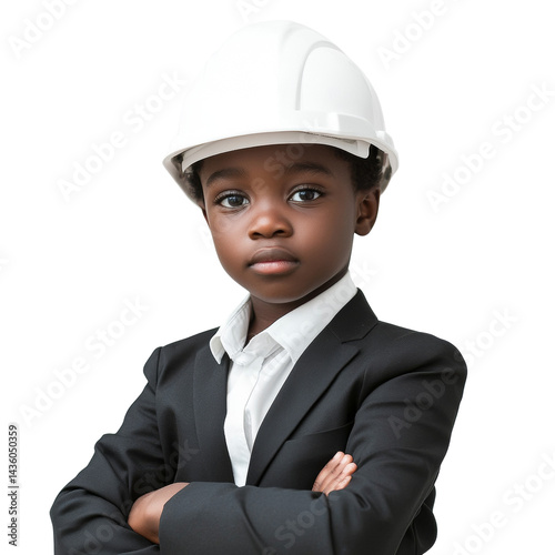 A young aspiring engineer with confidence poses wearing a hard hat, isolated