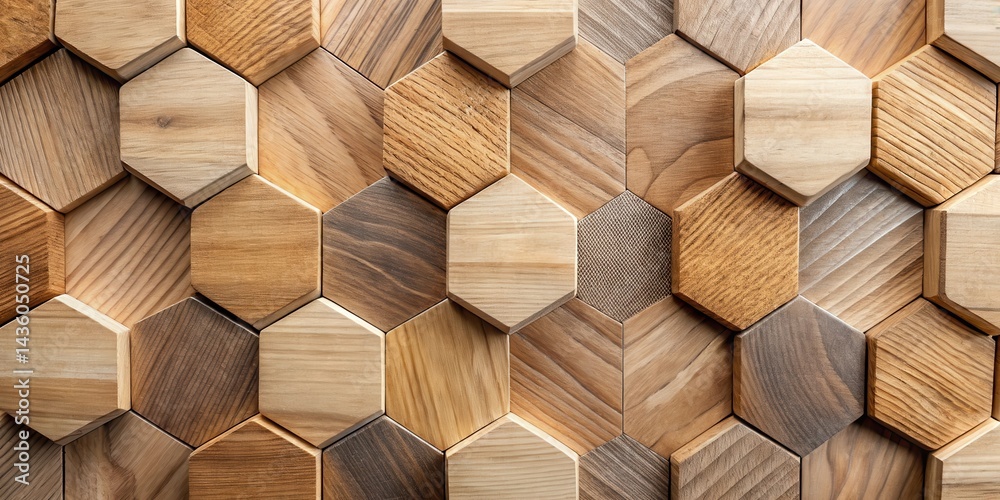 Obraz premium Intricate Hexagonal Wooden Wall Panel Texture A Detailed Close-Up Shot Featuring Varied Wood Grain Patterns and Tones in a Geometric Arrangement