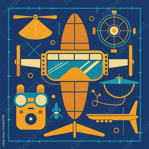 vintage aviation set blueprint style planes and gear