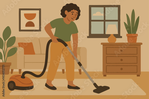 Housewife using vacuum cleaner, cleaning carpet in cozy living room, domestic work and household chores concept