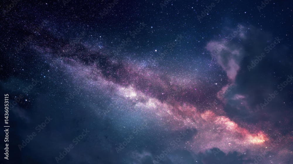 Fototapeta premium Mesmerizing panoramic view of Milky Way galaxy stretches across night sky, with vibrant colors and countless stars creating breathtaking celestial scene