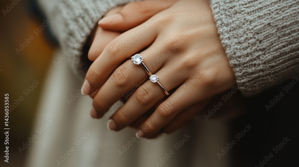 Fototapeta premium Close up of woman's hands with elegant diamond rings, celebrating engagement