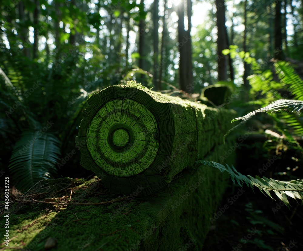Fototapeta premium Moss-covered log rests in a lush, sun-dappled forest, surrounded by ferns and towering trees. A serene woodland scene