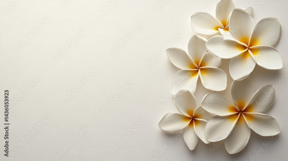 Fototapeta premium Elegant white plumeria flowers on subtle textured background for relaxation and nature themes