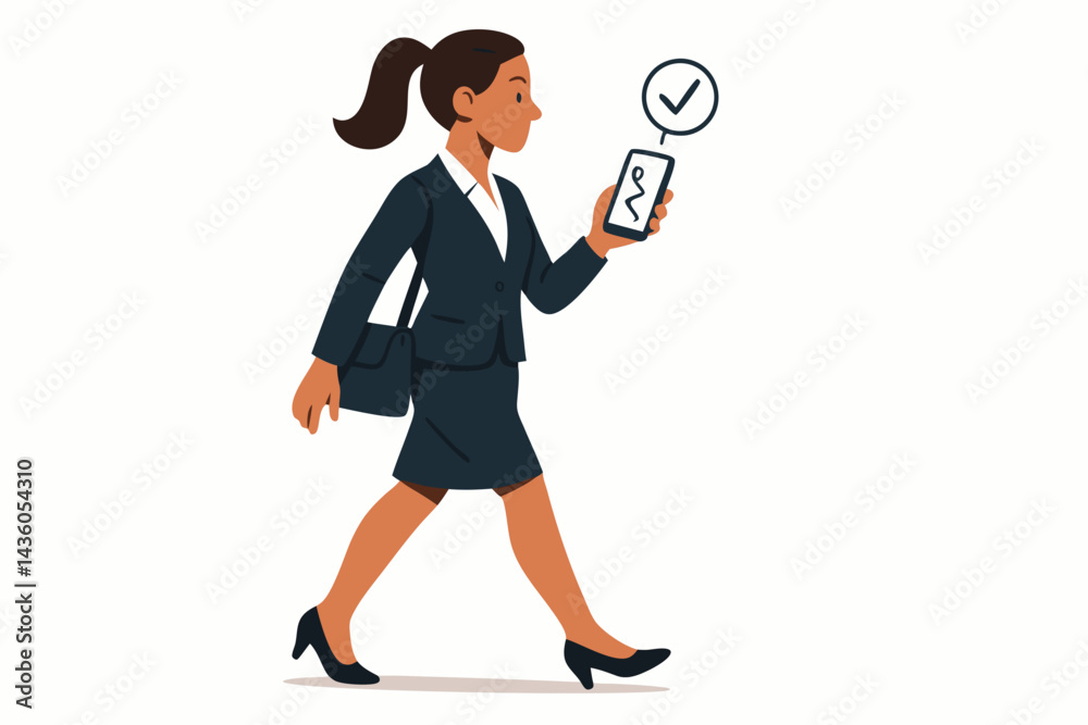 Businesswoman walking confidently while checking smartphone confirmation notification. Modern flat vector illustration of a professional woman on the move, multitasking successfully. Businesswoman walking confidently while checking smartphone confirmation notification. Modern flat vector illustration of a professional woman on the move, multitasking successfully.