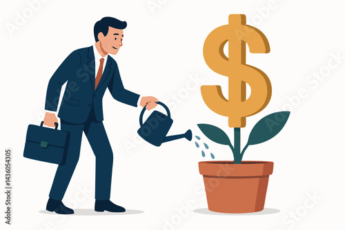Financial growth concept vector illustration shows a businessman with a briefcase watering a plant that grows a golden dollar symbol, representing investment nurturing and wealth.