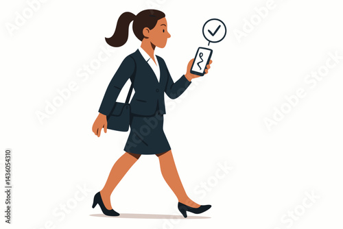 Businesswoman walking confidently while checking smartphone confirmation notification. Modern flat vector illustration of a professional woman on the move, multitasking successfully.