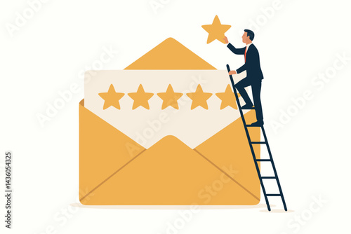 Customer Satisfaction Excellence: Businessman climbs a ladder to place the final fifth star on a review rating inside an envelope, illustrating positive feedback and success.