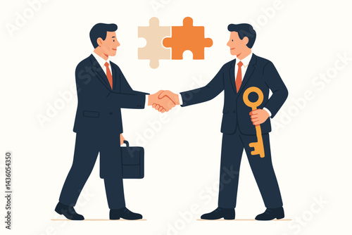 Vector illustration of businessmen shaking hands to confirm partnership. Puzzle pieces connect above, one man holds key, symbolizing deal, agreement, success, finding the right solution.