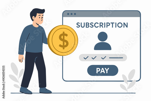 Vector illustration of a man holding a dollar coin next to a website interface for online subscription payment. Concept for digital finance, membership fees, and online services.
