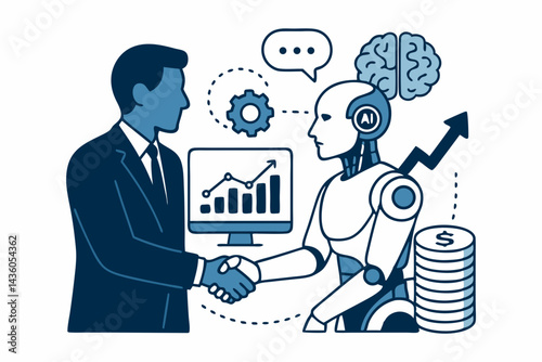 AI Technology Revolutionizing Business Finance: Humanoid Robot and Businessman Agreement Handshake with Growth Charts, Financial Data Analysis, and Investment Icons Vector Illustration.