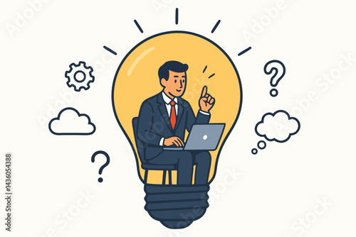 Creative businessman sitting in a glowing lightbulb uses laptop for brainstorming innovative solutions, developing new ideas for business growth, inspiration, and startup success concept.
