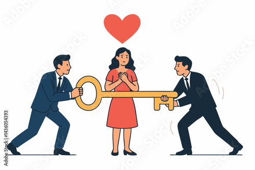 Businessmen competing in a love triangle, pulling a giant key symbolizing the struggle for a woman's heart and affection, illustrating relationship conflict, choice, and rivalry concept vector.
