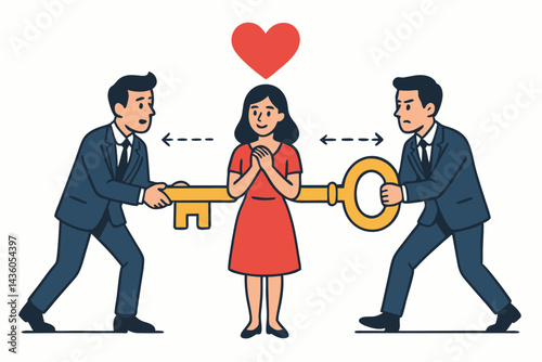 Businessmen Competing for Woman's Love in Triangle Relationship Concept Vector Art, Rivals Pulling Opposite Ends of Key to Heart Symbolizing Choice and Affection.