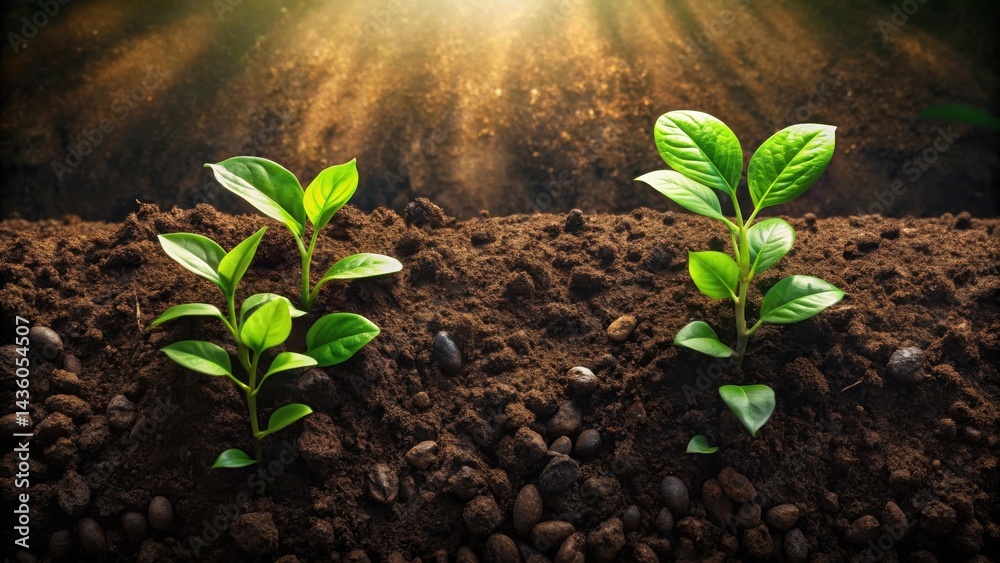 Young seedlings thriving in rich soil, bathed in sunlight, representing growth, development, and the promise of a bountiful harvest. Young seedlings thriving in rich soil, bathed in sunlight, representing growth, development, and the promise of a bountiful harvest.