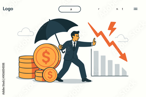 Investment protection concept vector. Businessman uses umbrella shield to stop financial crisis, market crash arrow over declining chart. Risk management landing page illustration.