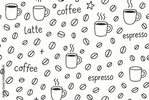 Hand-drawn coffee doodle seamless pattern vector. Black and white sketch background with cups, mugs, beans, latte, and espresso text. Illustration for cafe menu or textile.