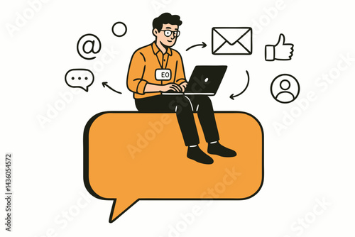 SEO expert man sits on speech bubble using laptop for online communication and digital marketing strategy. Vector illustration with email, chat, and social media icons concept.