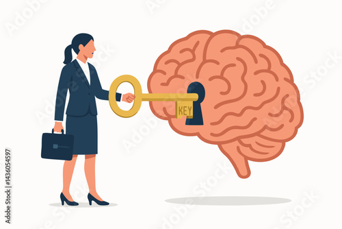 Unlocking Mind Potential: Businesswoman uses a key to open the brain, symbolizing personal development, accessing knowledge, improving skills, and career growth strategy vector.