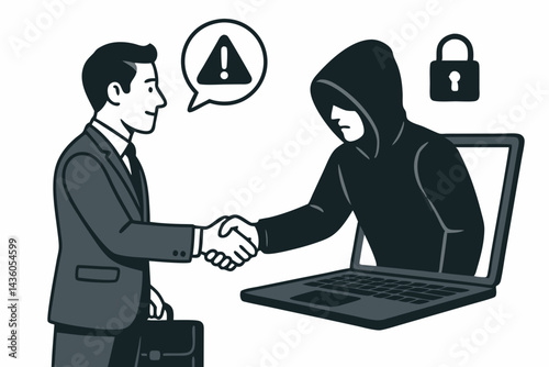 Vector art illustrating digital deception: Businessman shaking hands with hacker via laptop, representing cybersecurity threats, online scams, phishing attacks, and internet safety.